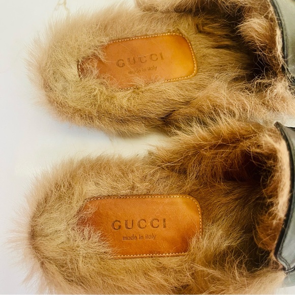 Gucci Princeton Fur Lined Horsebit Loafers- Black Leather Slides - Picture 7 of 9